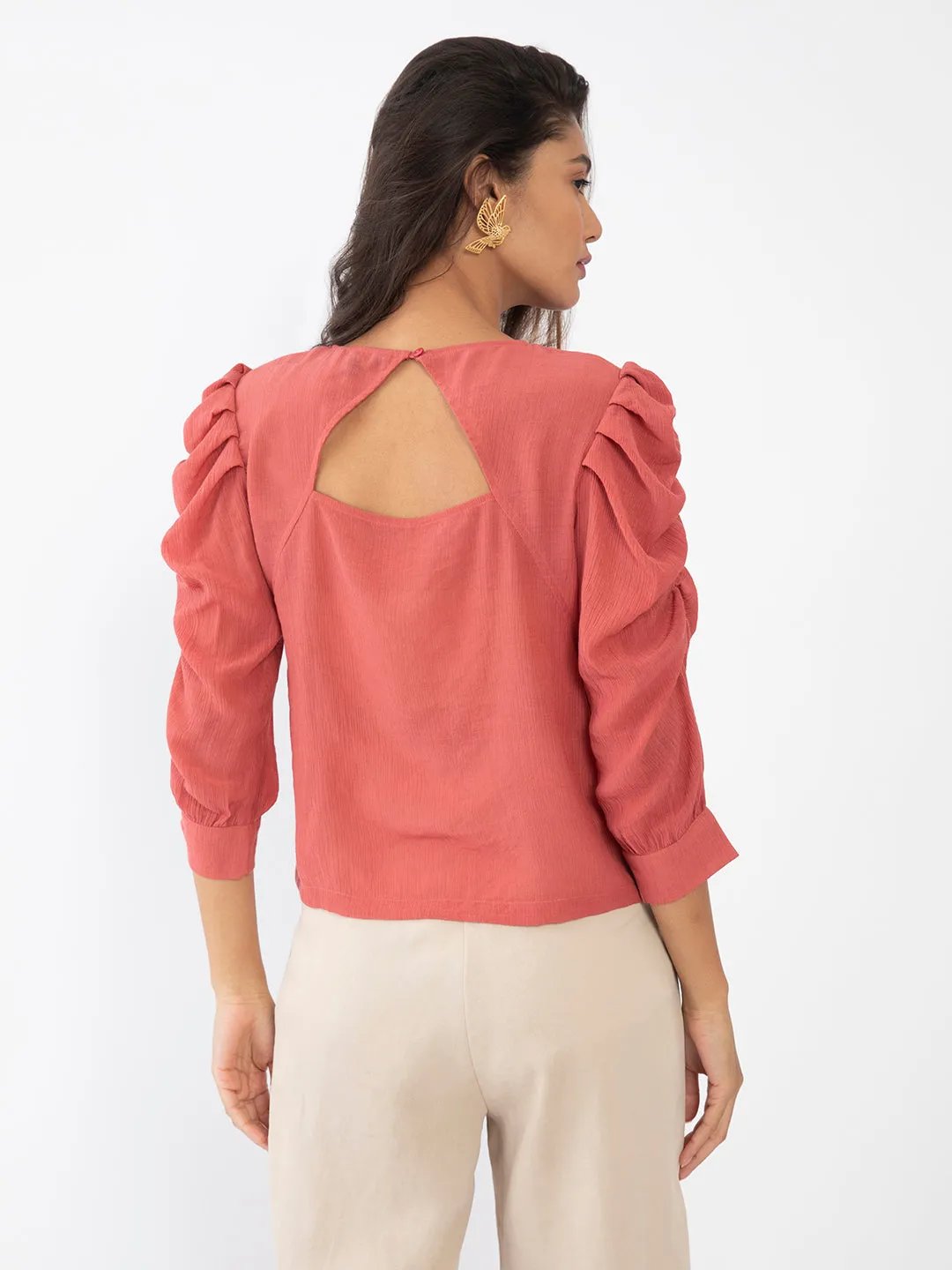 Pink Solid Puff Sleeve Top