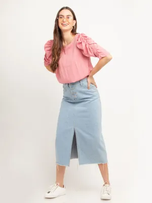 Pink Solid Puff Sleeve Top