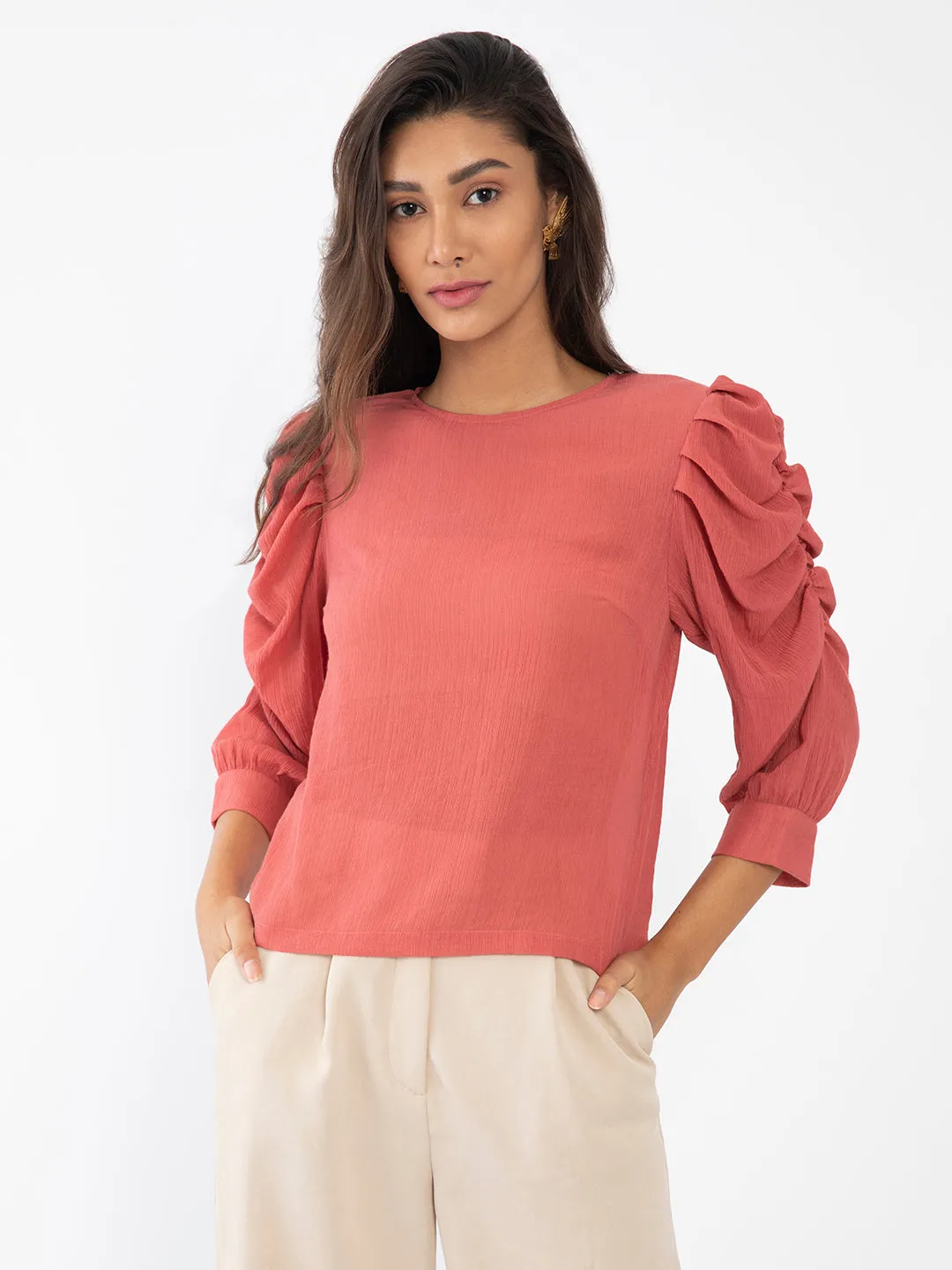 Pink Solid Puff Sleeve Top