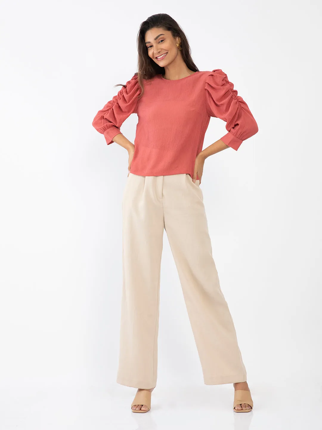 Pink Solid Puff Sleeve Top