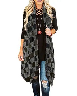 Plaid Open Front Sleeveless Vest