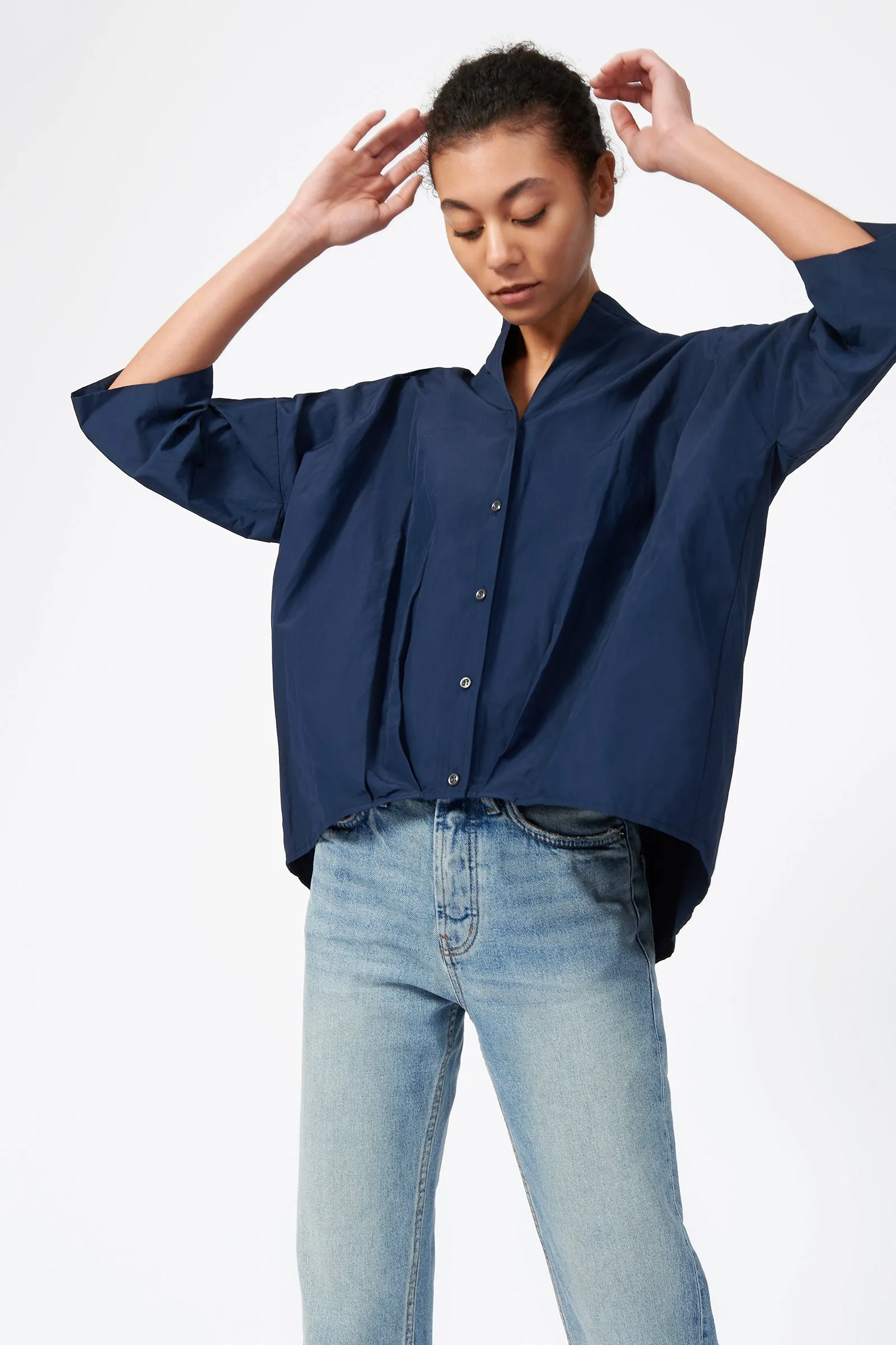 Pleat Hem Kimono - Navy Cotton Nylon