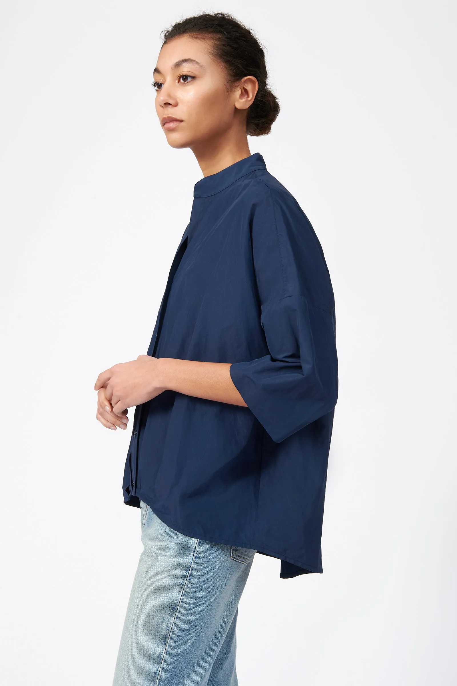 Pleat Hem Kimono - Navy Cotton Nylon