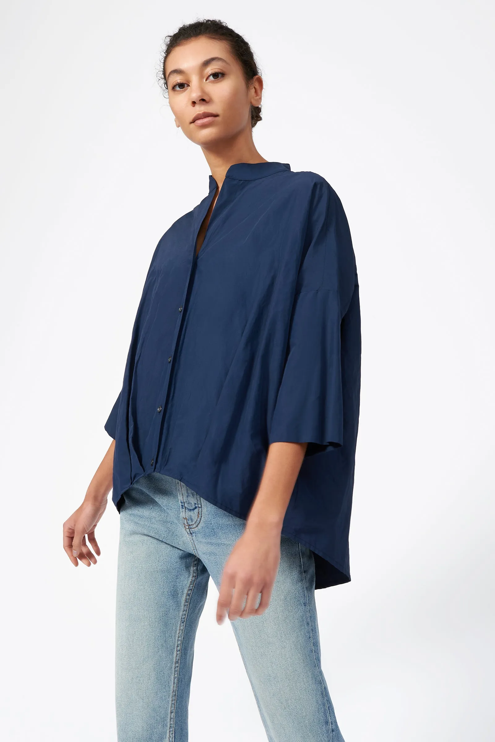 Pleat Hem Kimono - Navy Cotton Nylon