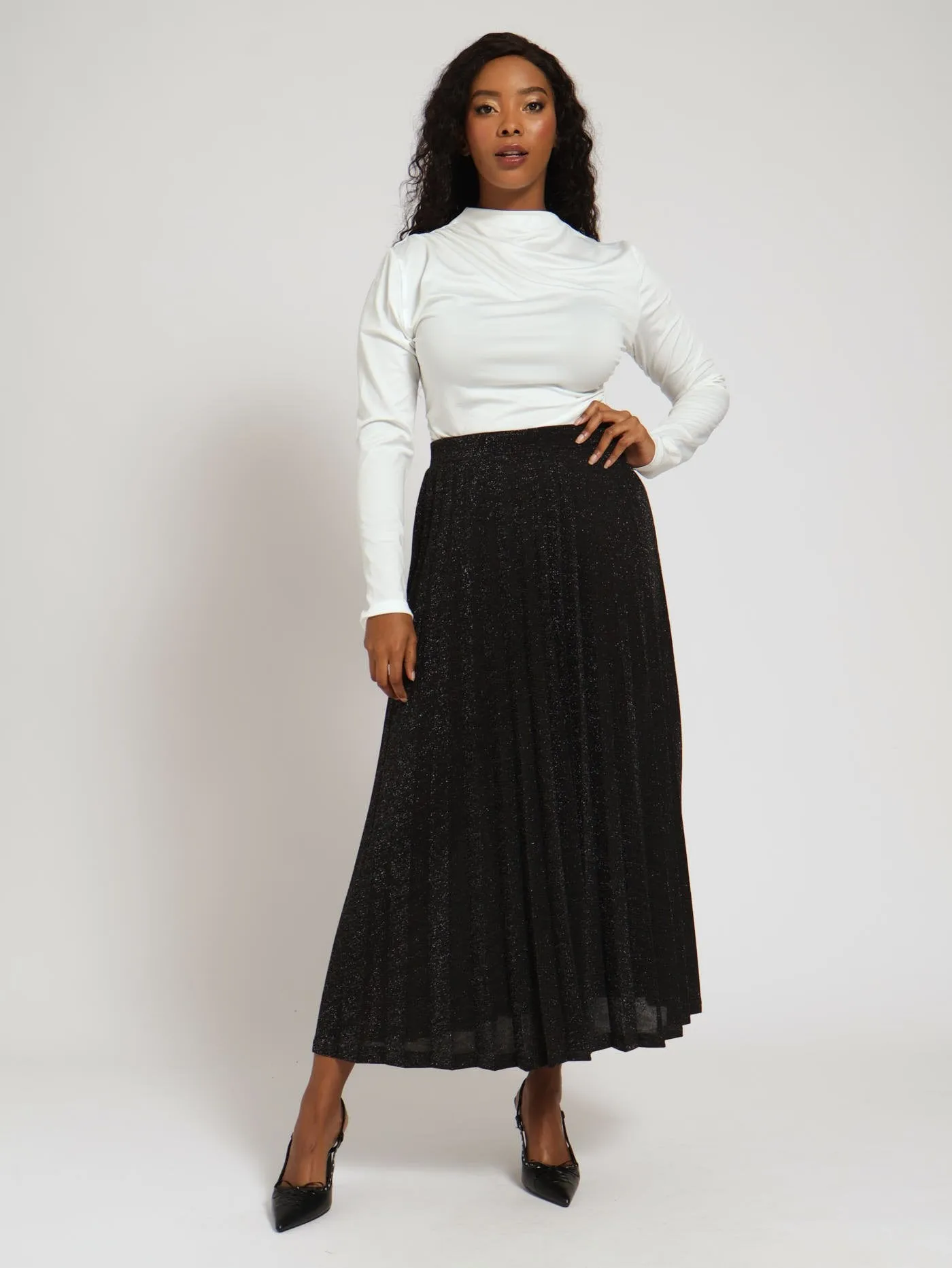 Pleated Shimmer Midi Skirt - Black