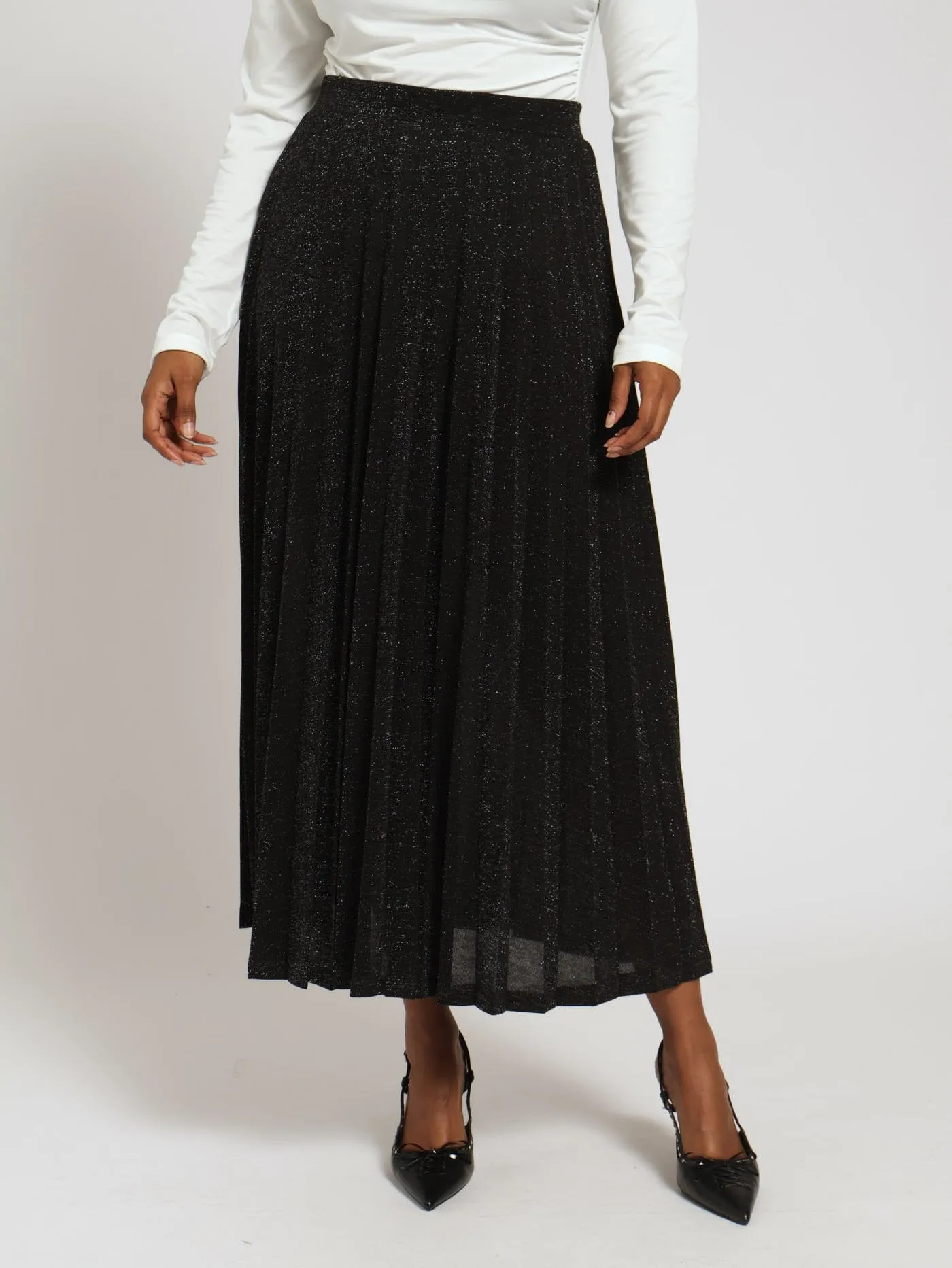 Pleated Shimmer Midi Skirt - Black