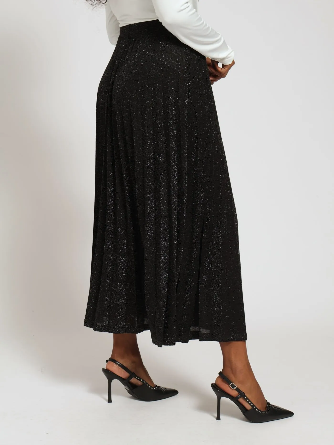 Pleated Shimmer Midi Skirt - Black