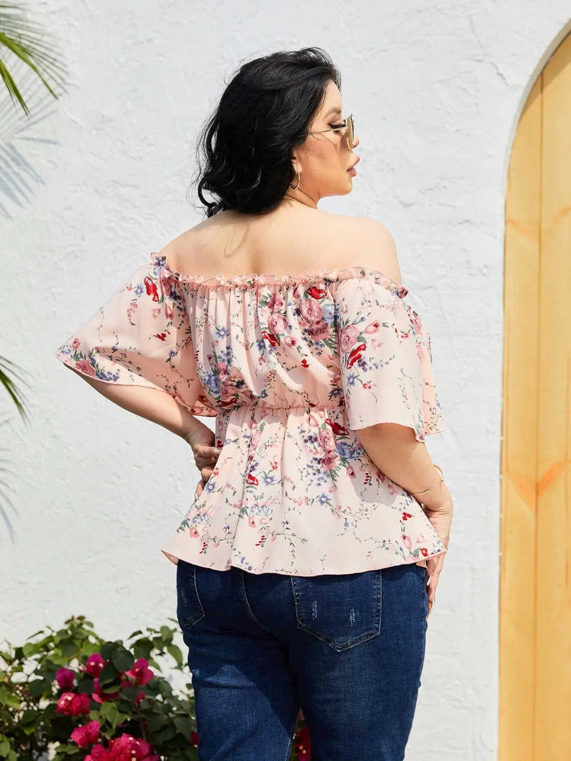 Plus Size Frill Floral Print Flutter Sleeve Blouse