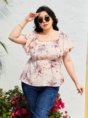 Plus Size Frill Floral Print Flutter Sleeve Blouse