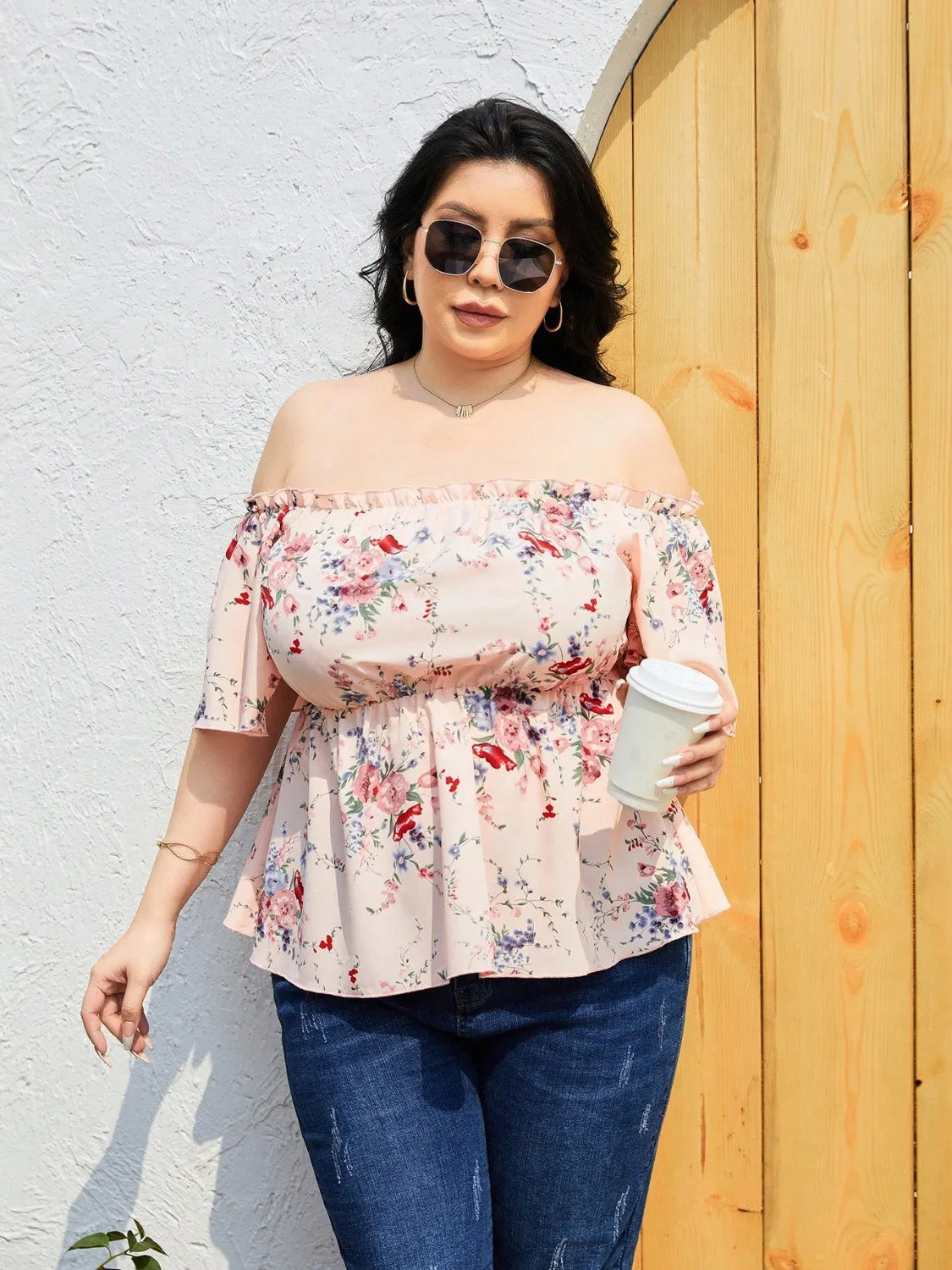 Plus Size Frill Floral Print Flutter Sleeve Blouse