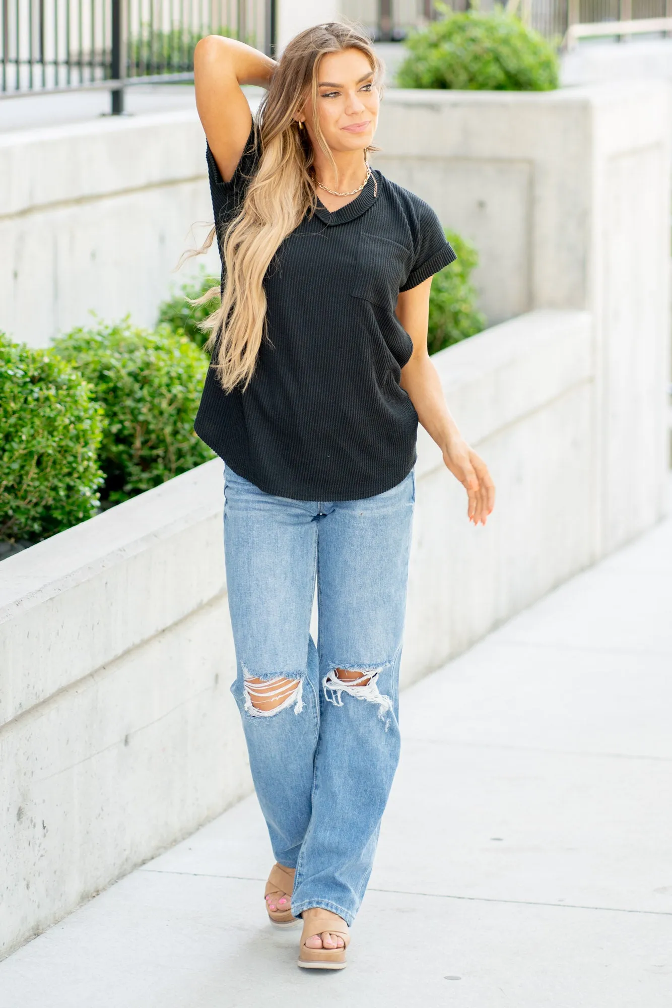 Plus Size Front Pocket Short Sleeve Ribbed Top
