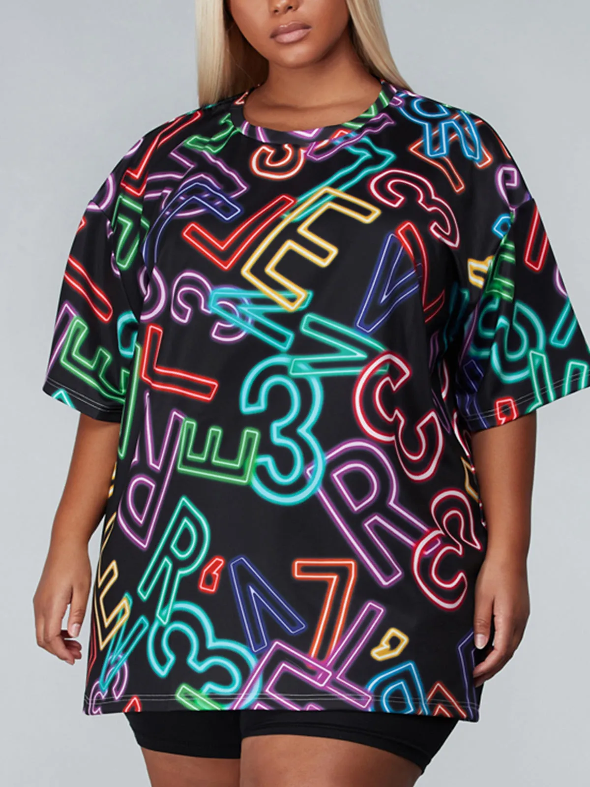 PLUS SIZE SHORT SLEEVE GRAPHIC NEON PRINT TOP