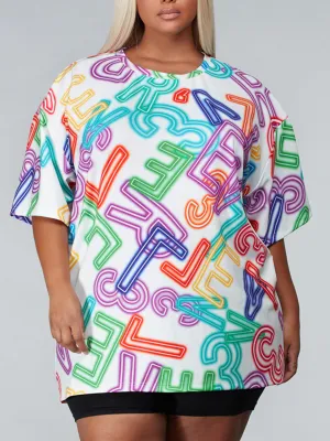 PLUS SIZE SHORT SLEEVE GRAPHIC NEON PRINT TOP