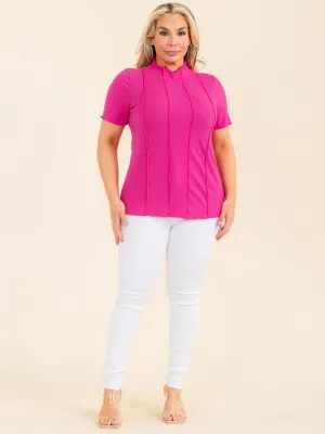 PLUS SIZE SHORT SLEEVE MOCK NECK DETAILED BLOUSE
