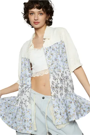 POL Ruffled Hem Floral Button Up Half Sleeve Shirt