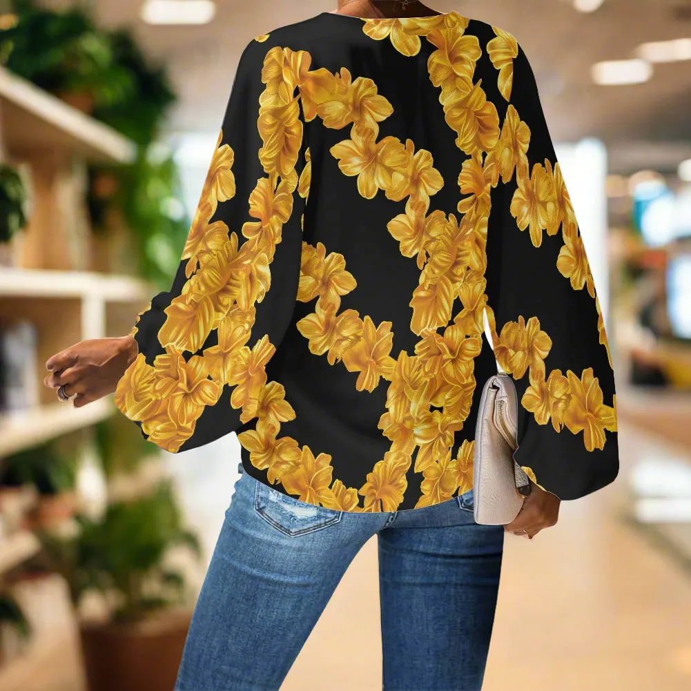 Puakenikeni Leis Golden on Black V-Neck Chiffon Puff Sleeve Blouse by Luxtrini
