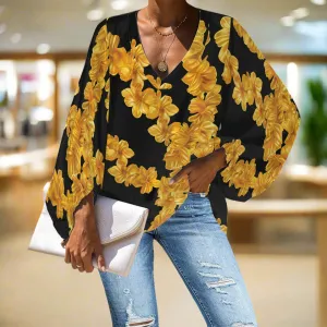 Puakenikeni Leis Golden on Black V-Neck Chiffon Puff Sleeve Blouse by Luxtrini