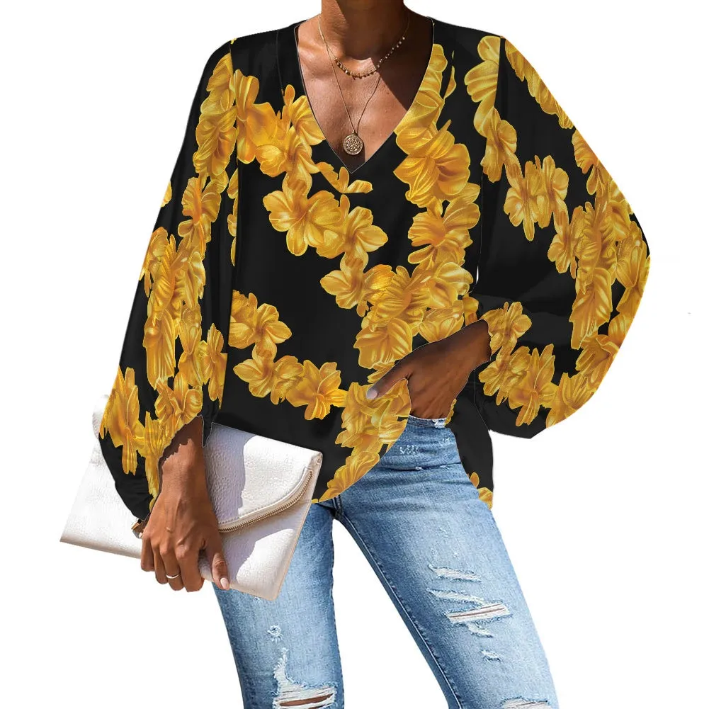 Puakenikeni Leis Golden on Black V-Neck Chiffon Puff Sleeve Blouse by Luxtrini