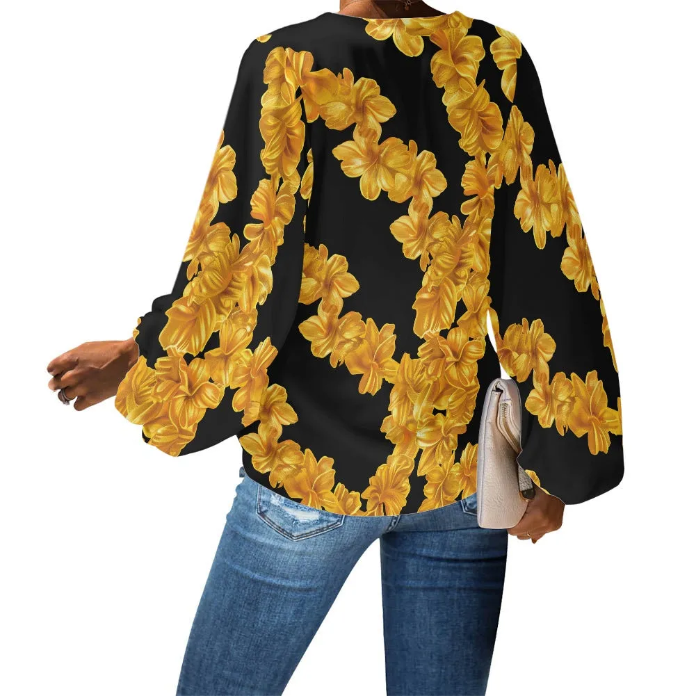 Puakenikeni Leis Golden on Black V-Neck Chiffon Puff Sleeve Blouse by Luxtrini