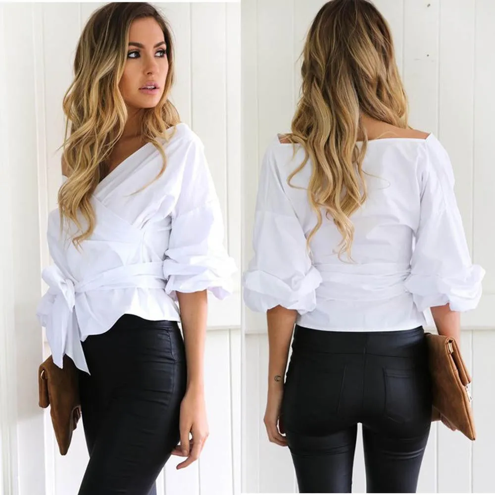 puff sleeve sexy off shoulder blouse belted cross women's shirt work blouses plus size women clothes