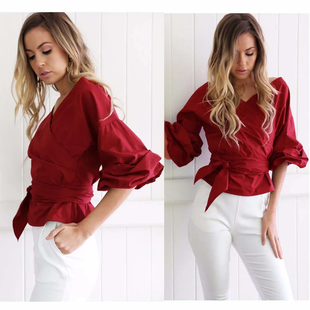 puff sleeve sexy off shoulder blouse belted cross women's shirt work blouses plus size women clothes