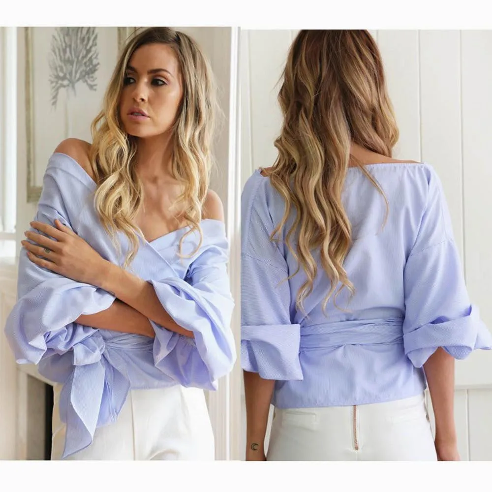 puff sleeve sexy off shoulder blouse belted cross women's shirt work blouses plus size women clothes