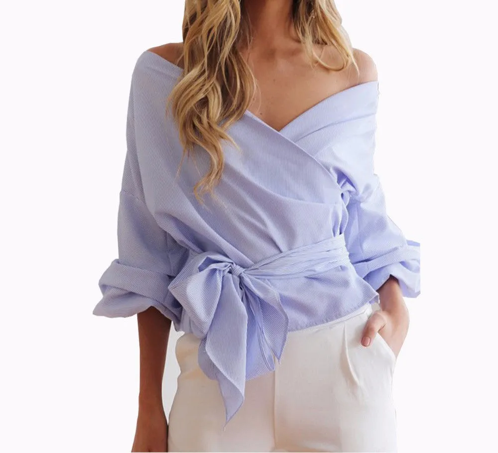 puff sleeve sexy off shoulder blouse belted cross women's shirt work blouses plus size women clothes