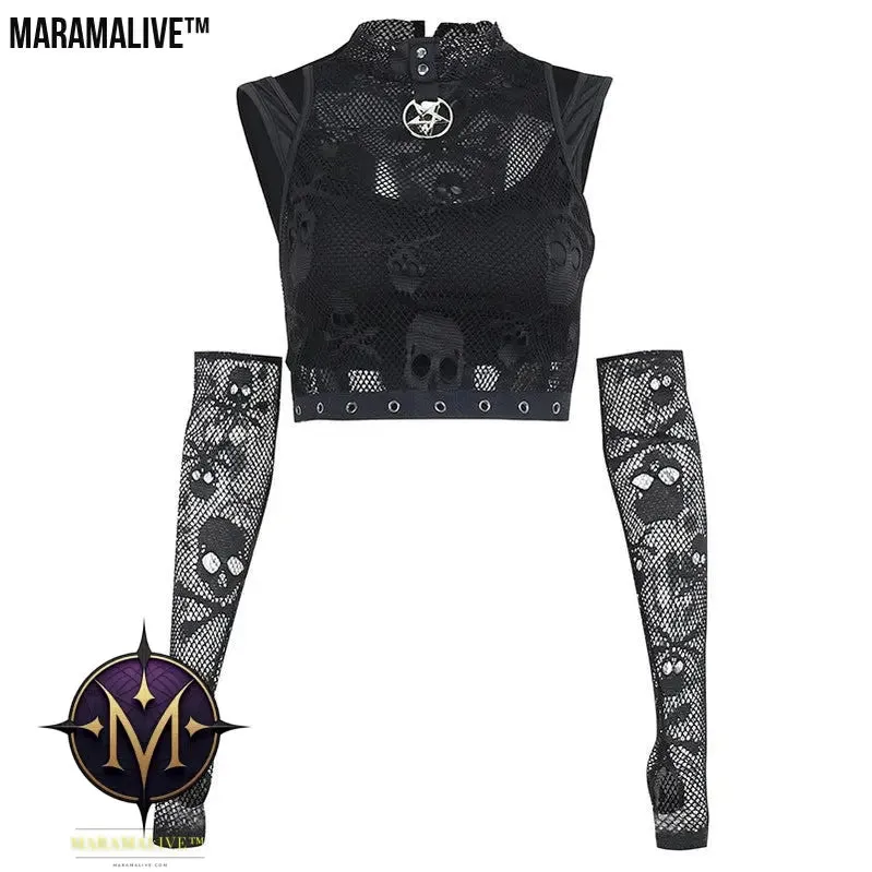 Raven’s Song: Skull Mesh Sleeve Lace See-through Gothic Vest Two-piece