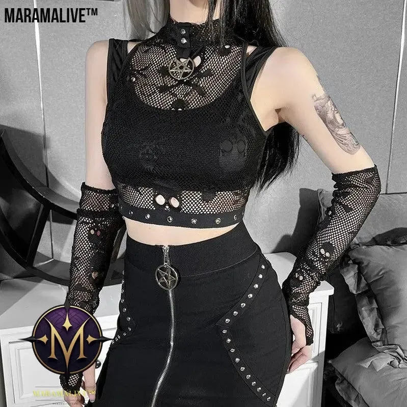 Raven’s Song: Skull Mesh Sleeve Lace See-through Gothic Vest Two-piece