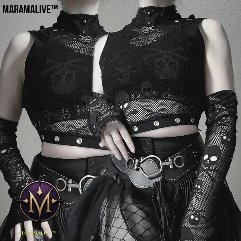 Raven’s Song: Skull Mesh Sleeve Lace See-through Gothic Vest Two-piece