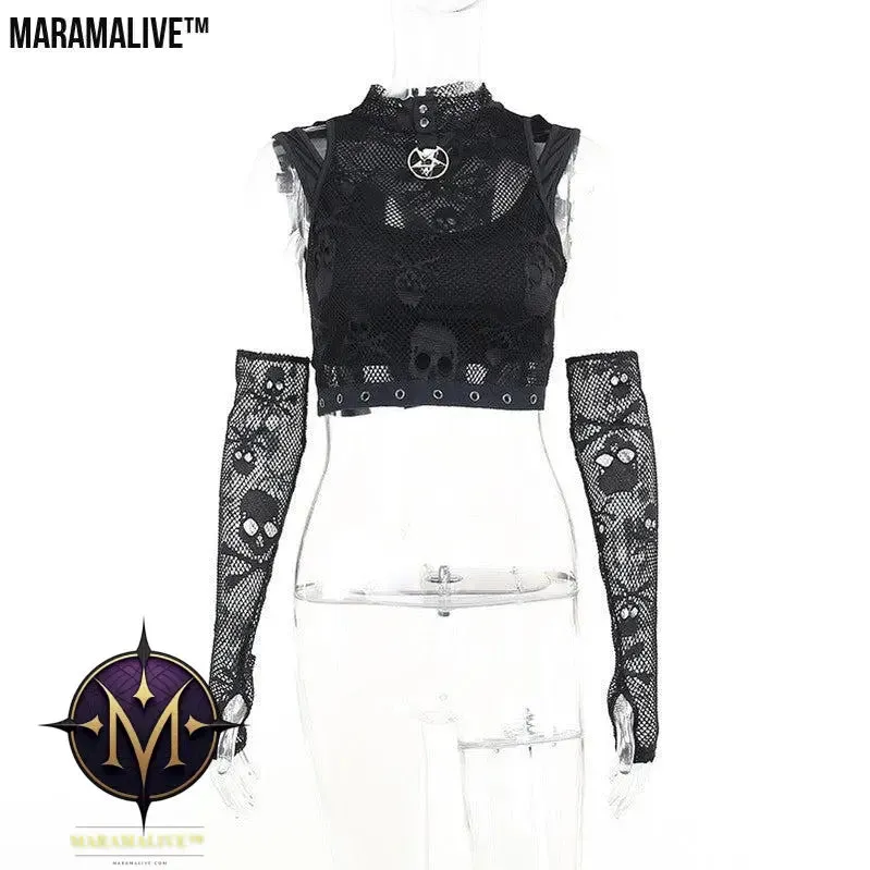 Raven’s Song: Skull Mesh Sleeve Lace See-through Gothic Vest Two-piece