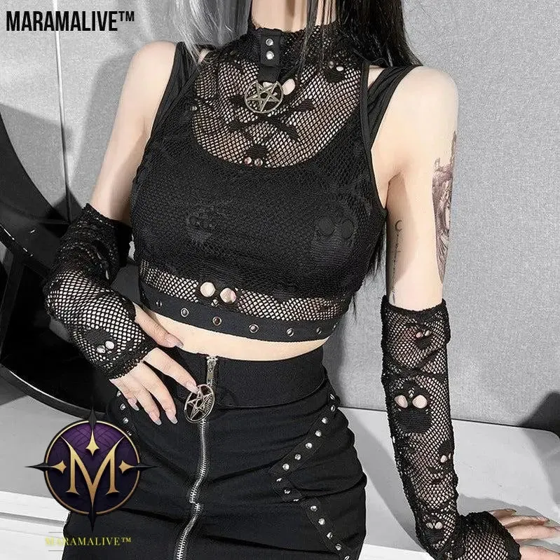 Raven’s Song: Skull Mesh Sleeve Lace See-through Gothic Vest Two-piece