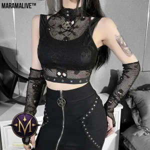 Raven’s Song: Skull Mesh Sleeve Lace See-through Gothic Vest Two-piece