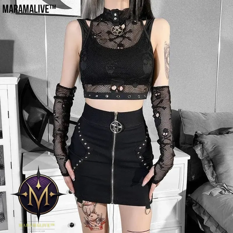 Raven’s Song: Skull Mesh Sleeve Lace See-through Gothic Vest Two-piece