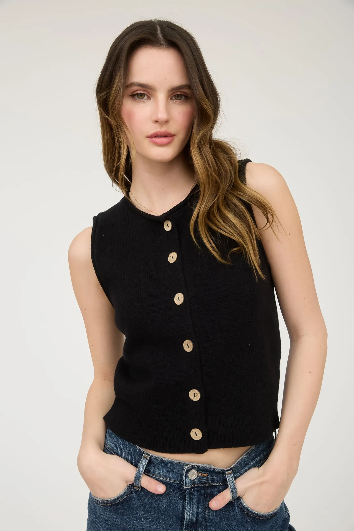 RAW EDGE BUTTON DOWN KNIT CARDIGAN VEST TOP