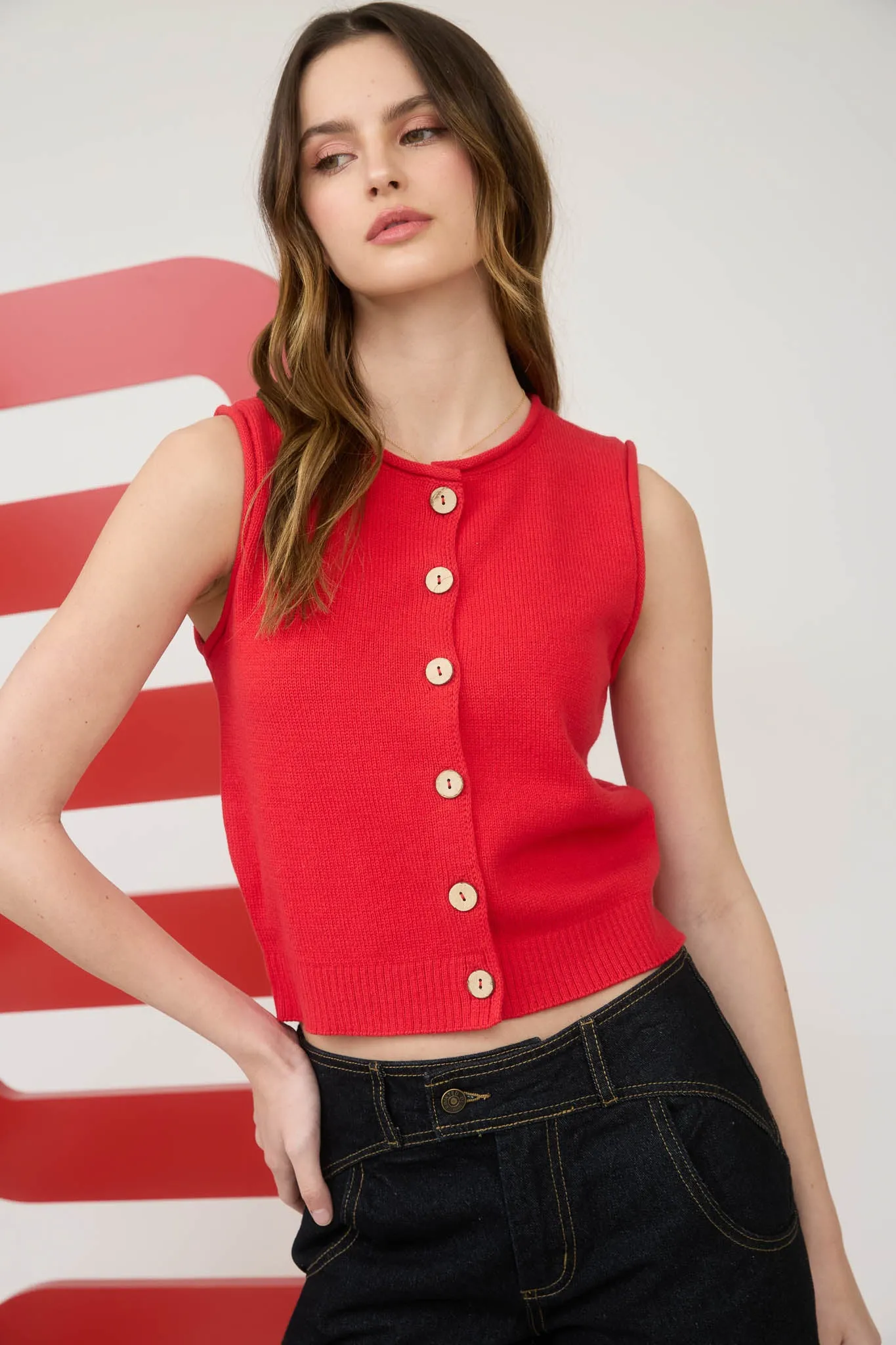 RAW EDGE BUTTON DOWN KNIT CARDIGAN VEST TOP
