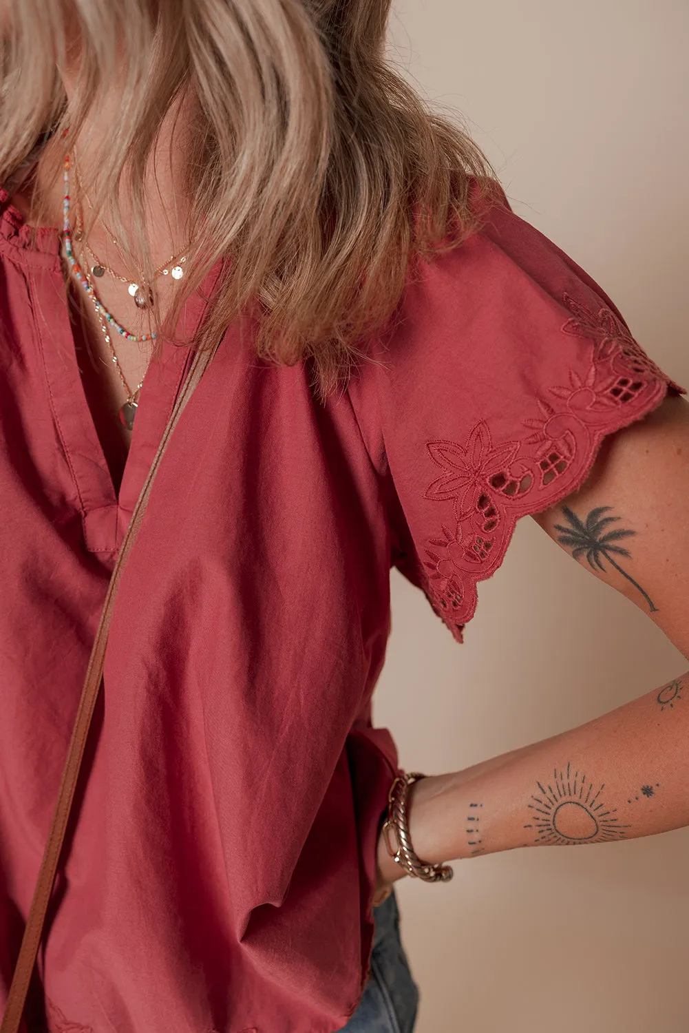 Red Dahlia Floral Embroidered Scallop Trim Short Sleeve V Neck Blouse