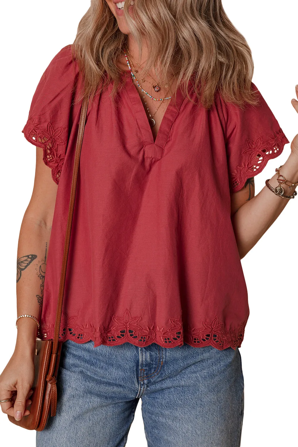 Red Dahlia Floral Embroidered Scallop Trim Short Sleeve V Neck Blouse