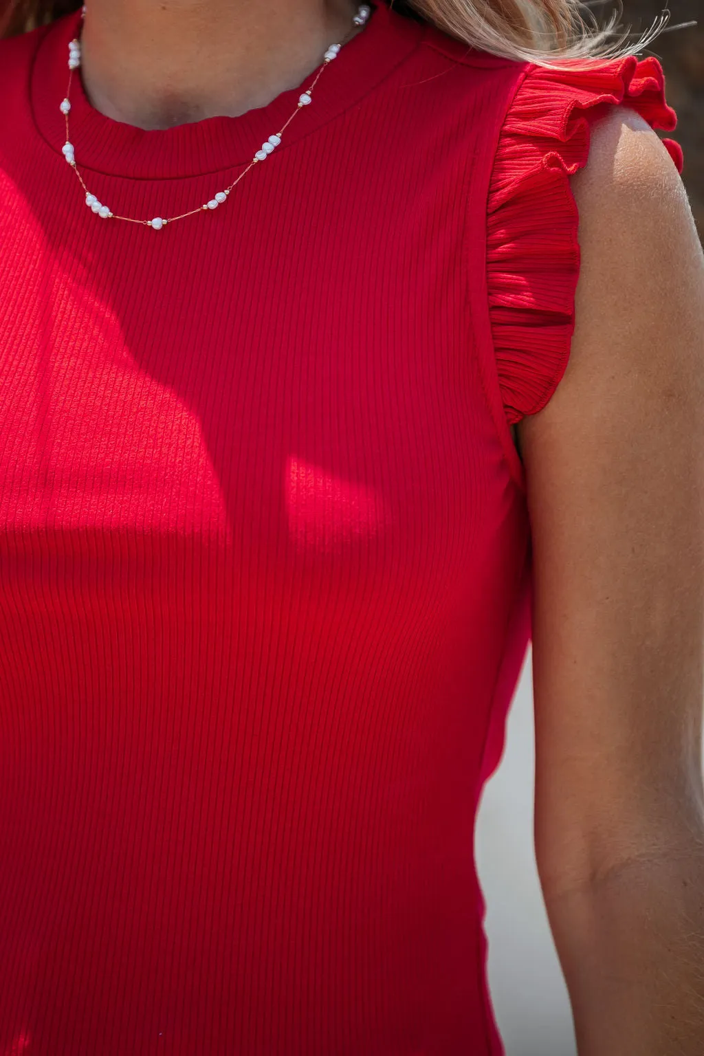 Red Ruffle Cap Sleeve Tank Top