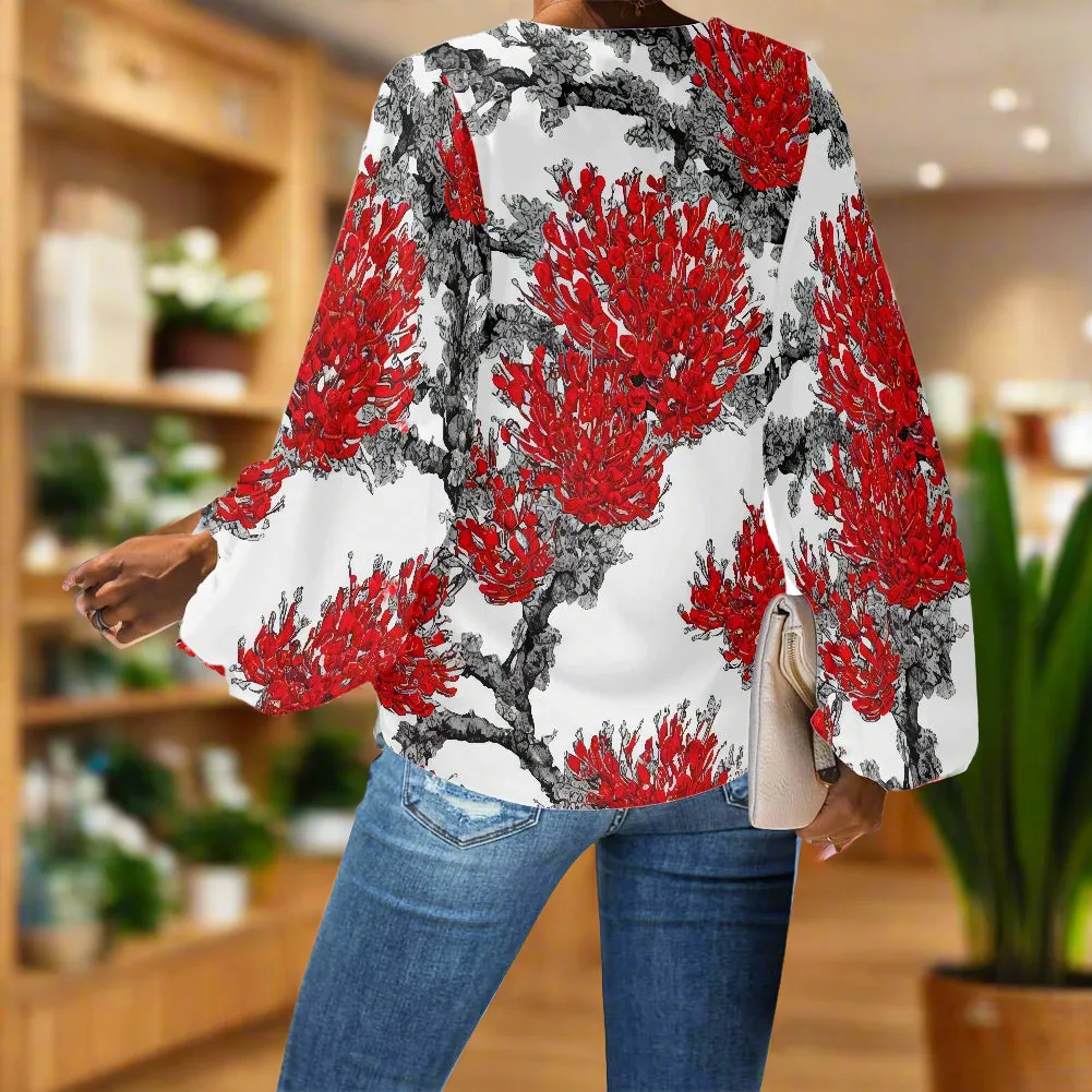 Red Tropical Floral V-Neck Chiffon Puff Sleeve Blouse by Luxtrini
