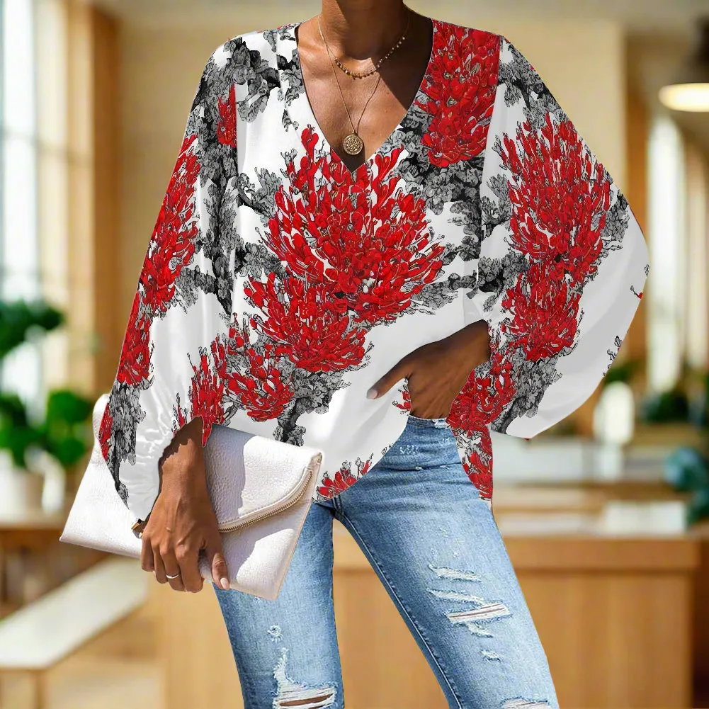 Red Tropical Floral V-Neck Chiffon Puff Sleeve Blouse by Luxtrini