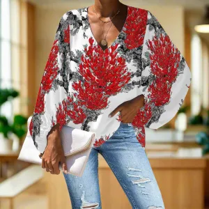 Red Tropical Floral V-Neck Chiffon Puff Sleeve Blouse by Luxtrini