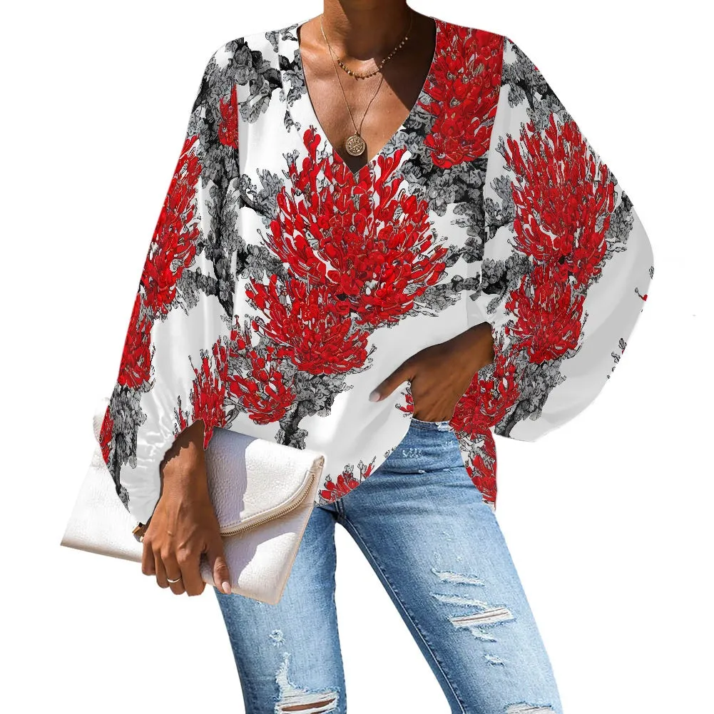 Red Tropical Floral V-Neck Chiffon Puff Sleeve Blouse by Luxtrini