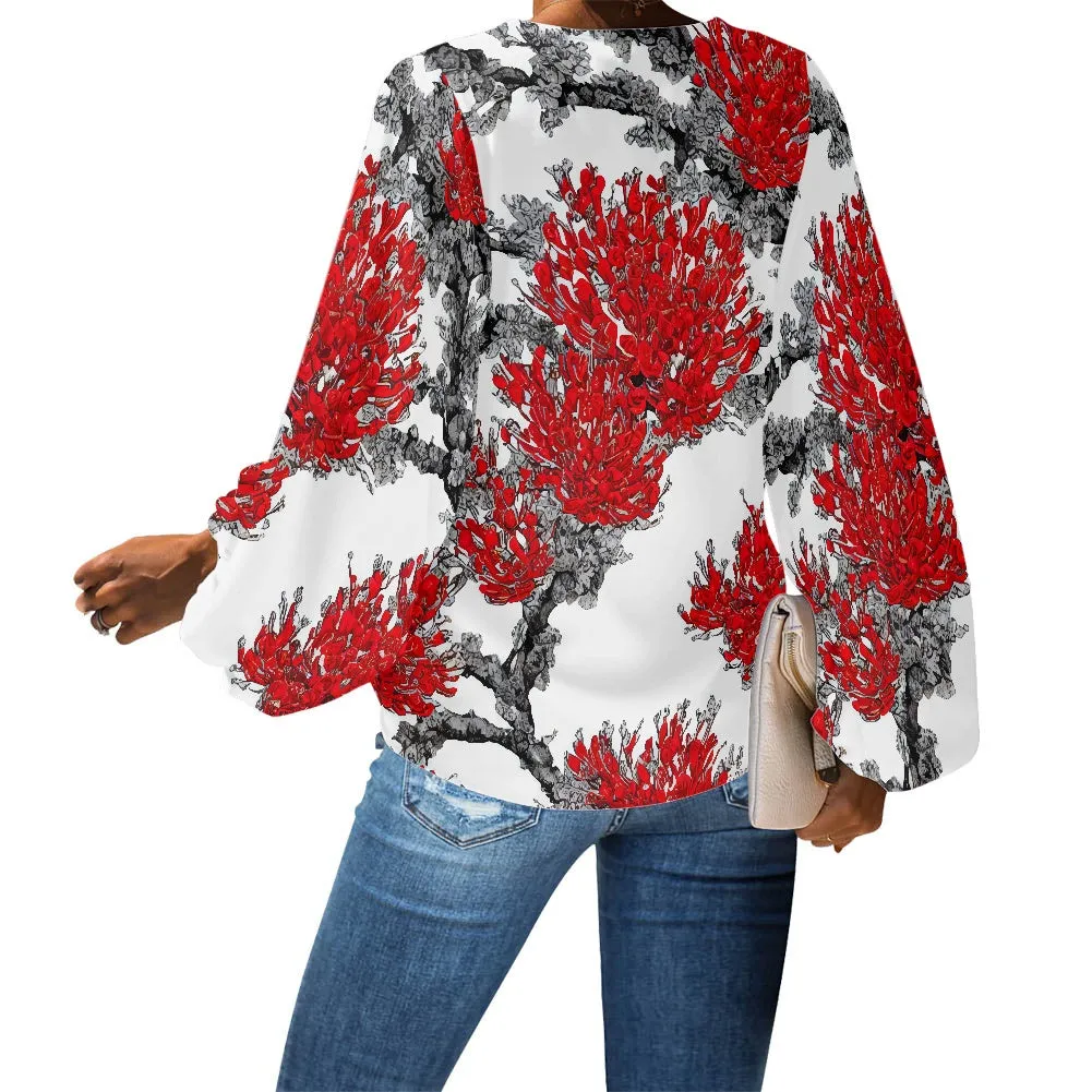 Red Tropical Floral V-Neck Chiffon Puff Sleeve Blouse by Luxtrini