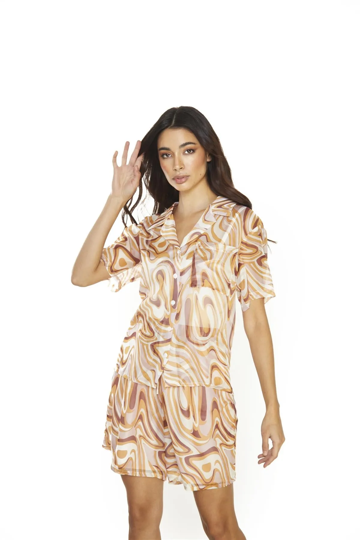 Retro-Marble Sheer Short-Sleeve-Top