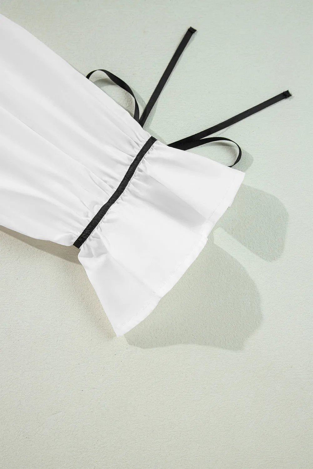 Ribbon Bowtie Collared Neck Flounce Sleeve Shirt