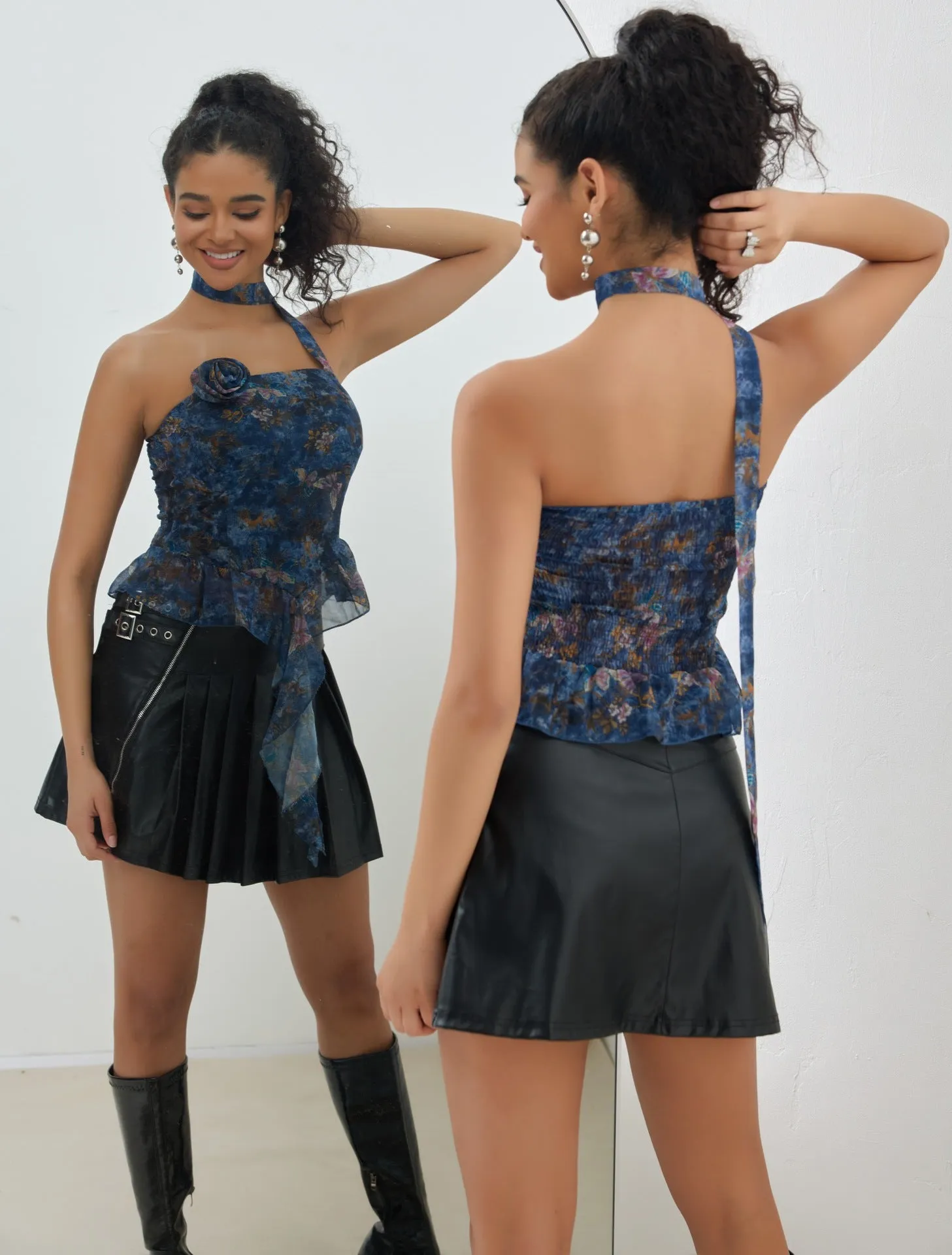 Romantic Floral Chiffon Strapless Top with Ribbon Detail