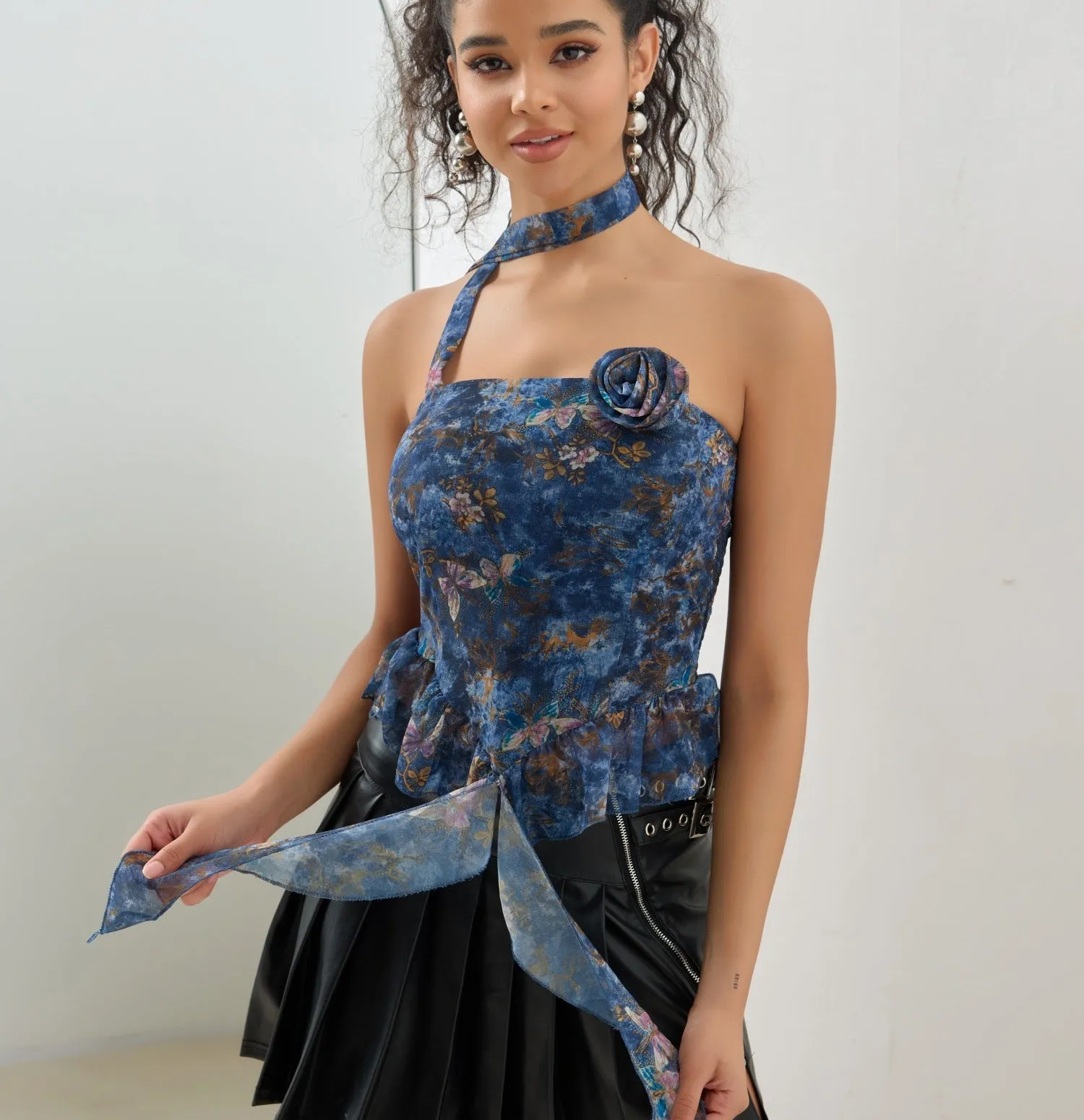 Romantic Floral Chiffon Strapless Top with Ribbon Detail