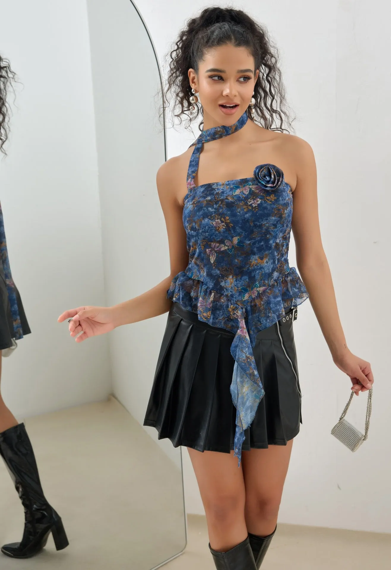 Romantic Floral Chiffon Strapless Top with Ribbon Detail