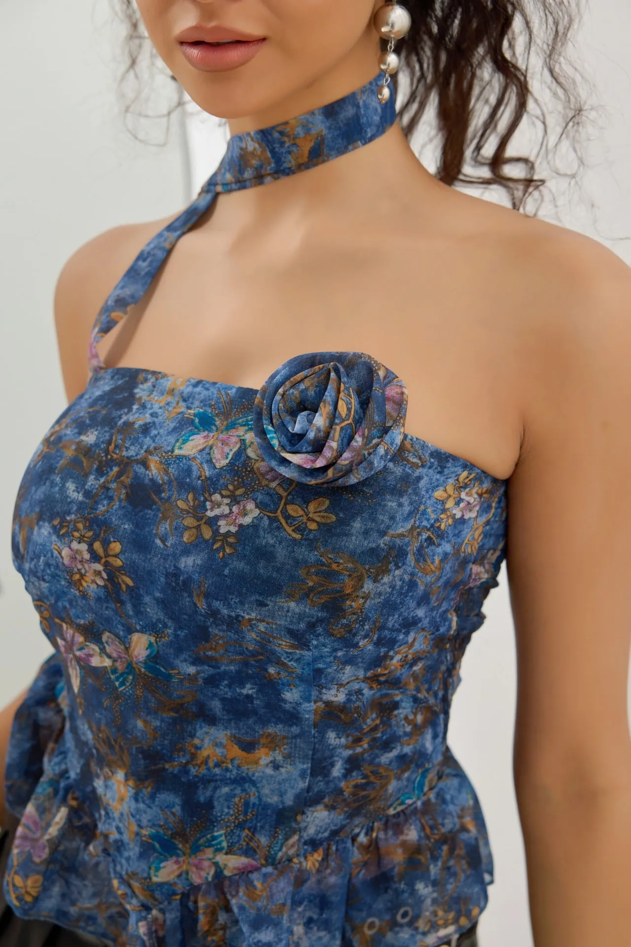 Romantic Floral Chiffon Strapless Top with Ribbon Detail